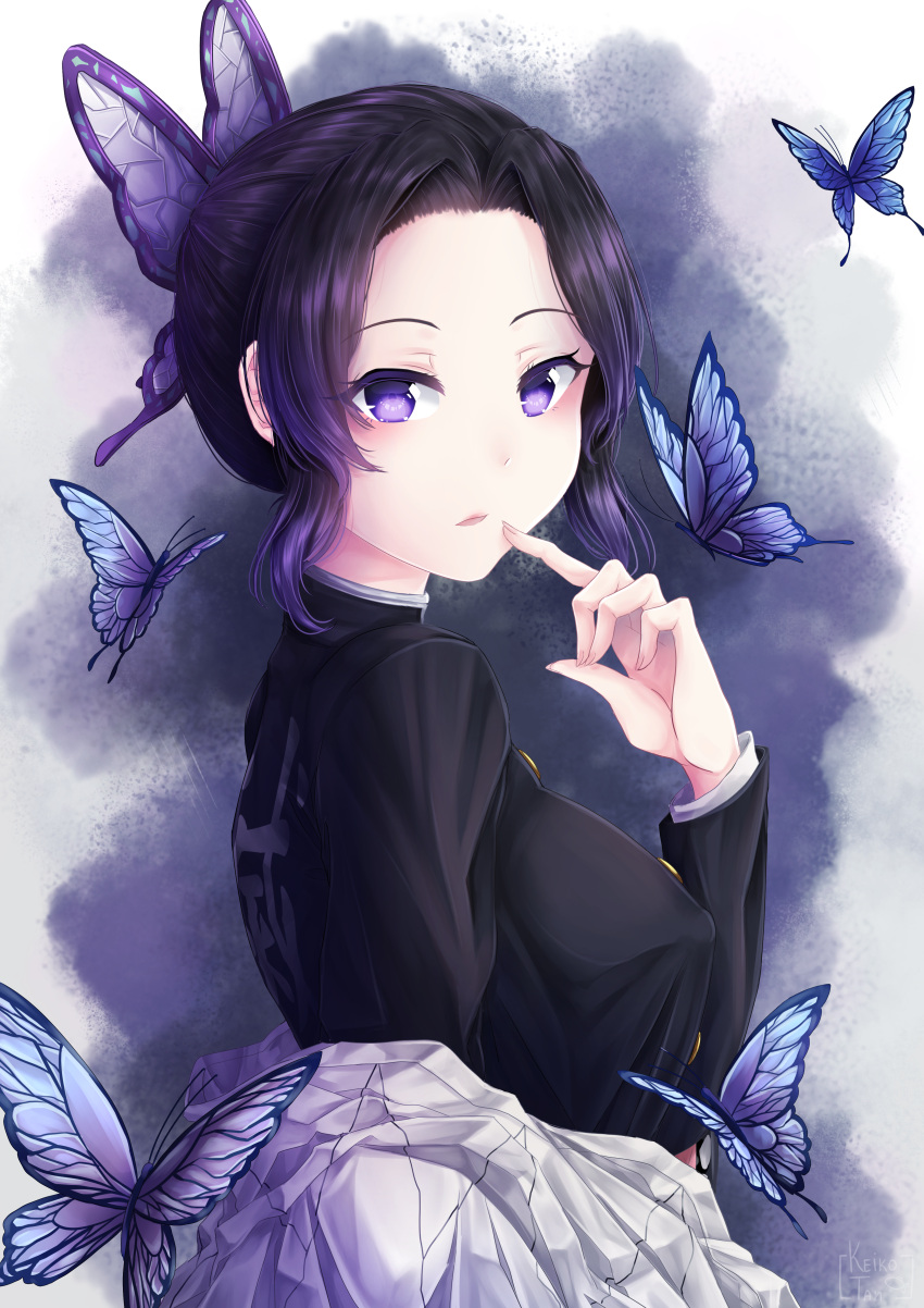 1girl absurdres black_jacket blue_hair bug butterfly butterfly_hair_ornament covered_nipples hair_intakes hair_ornament haori highres huge_filesize index_finger_raised insect jacket japanese_clothes kimetsu_no_yaiba kochou_shinobu long_sleeves looking_at_viewer shiny shiny_hair short_hair solo upper_body user_ypvj4285 violet_eyes