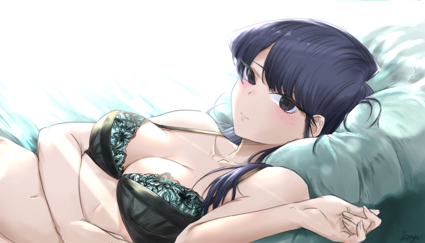 1girl bangs bare_shoulders black_eyes black_hair blush bra breasts highres komi-san_wa_komyushou_desu komi_shouko long_hair looking_at_viewer lying medium_breasts mitsugu smile underwear