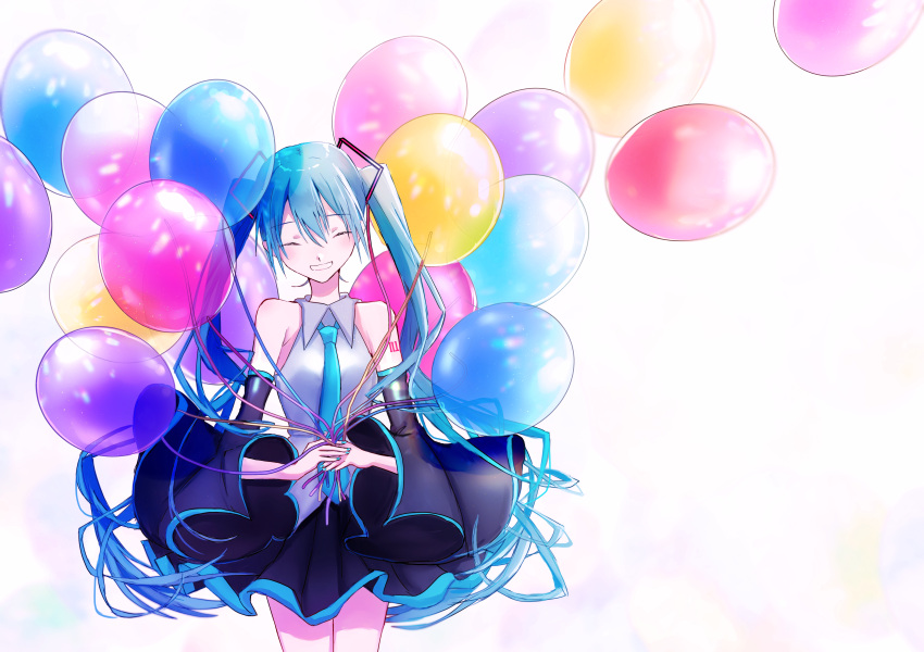 1girl absurdres balloon bare_shoulders black_skirt black_sleeves blue_hair blue_neckwear closed_eyes cowboy_shot detached_sleeves grey_shirt hair_ornament hands_together hatsune_miku highres holding_balloon huge_filesize long_hair mofmofmoffu necktie shirt shoulder_tattoo skirt sleeveless sleeveless_shirt smile solo standing tattoo twintails very_long_hair vocaloid