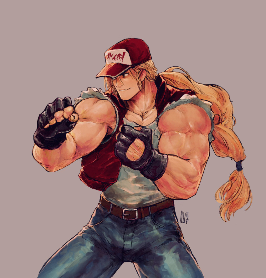 1boy 90s baseball_cap biceps black_gloves blonde_hair blue_eyes clenched_hands david_liu denim fatal_fury fighting_stance fingerless_gloves gloves grin hat highres jeans long_hair low-tied_long_hair low_ponytail male_focus manly muscle pants shirt sleeveless smile snk solo sora_(company) super_smash_bros. tank_top terry_bogard the_king_of_fighters veins vest white_shirt