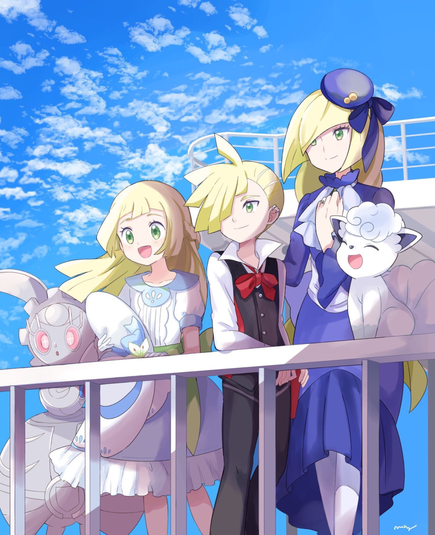 1boy 2girls alolan_form alolan_vulpix black_pants black_vest blonde_hair blue_dress blue_sky bow bowtie brother_and_sister closed_mouth clouds day dress gen_1_pokemon gen_7_pokemon gladio_(pokemon) green_eyes hair_over_one_eye hat highres holding holding_hat jewelry legendary_pokemon lillie_(pokemon) long_hair long_sleeves lusamine_(pokemon) magearna mei_(maysroom) mother_and_daughter mother_and_son multiple_girls open_mouth outdoors pants pokemon pokemon_(anime) pokemon_(creature) pokemon_sm_(anime) ring short_hair short_sleeves siblings sky smile sun_hat vest white_headwear
