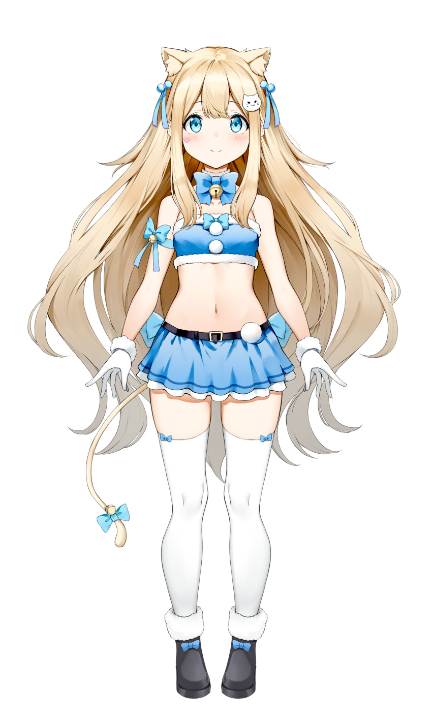 1girl absurdres animal_ear_fluff animal_ears arm_ribbon bandeau bare_shoulders bell belt blue_eyes blue_neckwear blue_ribbon blue_skirt boots bow bowtie brown_hair cat_ears cat_girl cat_hair_ornament cat_tail crop_top detached_collar extra_ears facial_mark full_body fur_trim gloves hair_ornament heart highres jingle_bell long_hair looking_at_viewer midriff miniskirt navel nyum original ribbon simple_background skirt smile solo standing stomach tail tail_bow thigh-highs very_long_hair white_background white_gloves white_legwear zettai_ryouiki