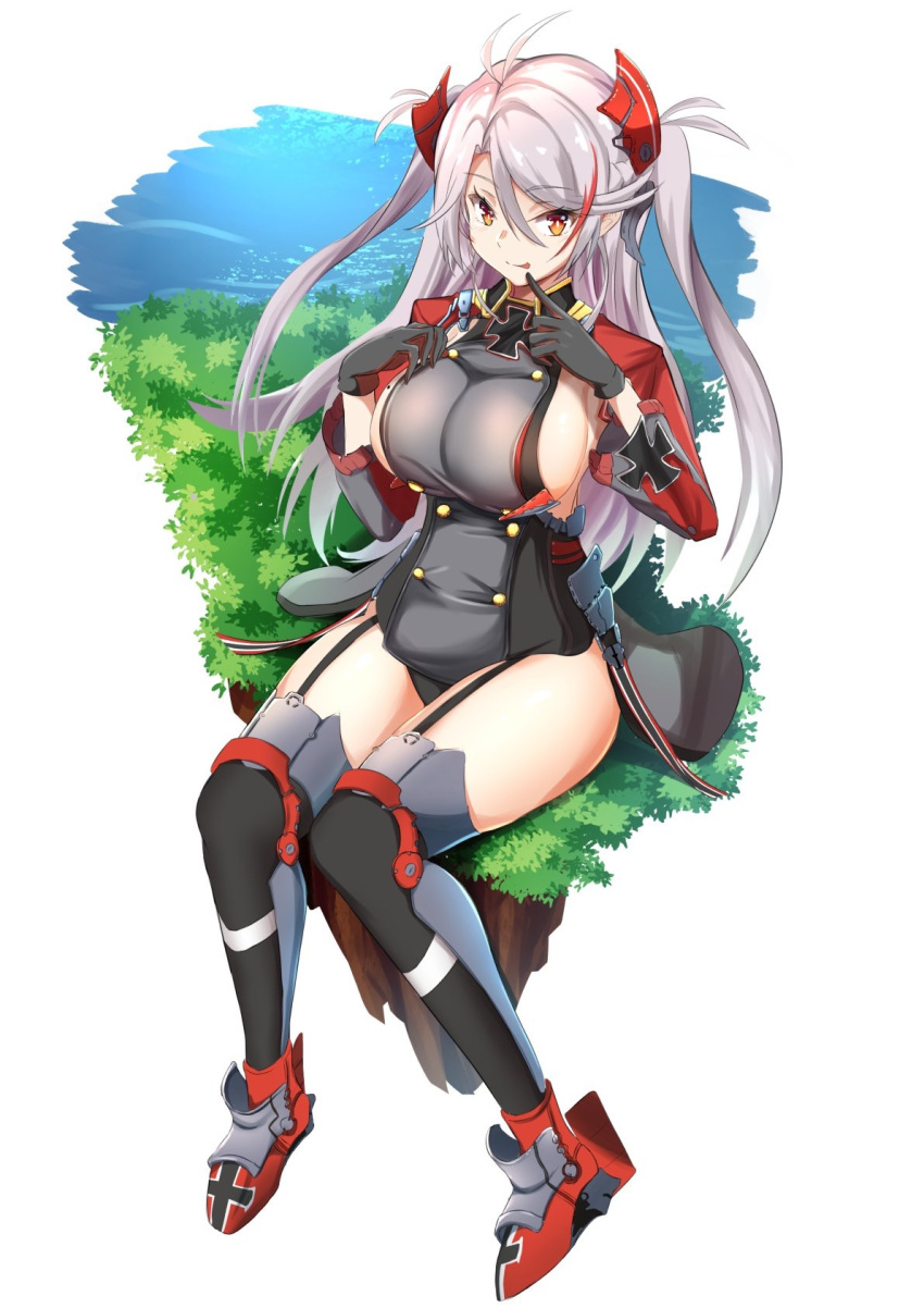 1girl :p antenna_hair azur_lane bangs black_gloves black_legwear black_panties blush bow breasts bright_pupils bush closed_mouth commentary double-breasted dress eyebrows_visible_through_hair finger_to_mouth full_body garter_straps gloves grey_dress hair_between_eyes hair_bow highres index_finger_raised iron_cross j.roswel large_breasts long_hair long_sleeves looking_at_viewer mole mole_on_breast multicolored_hair ocean orange_eyes outdoors panties pantyshot pantyshot_(sitting) prinz_eugen_(azur_lane) red_footwear redhead short_twintails sideboob silver_hair sitting smile solo streaked_hair swept_bangs thigh-highs tongue tongue_out twintails two-tone_hair two_side_up underwear very_long_hair