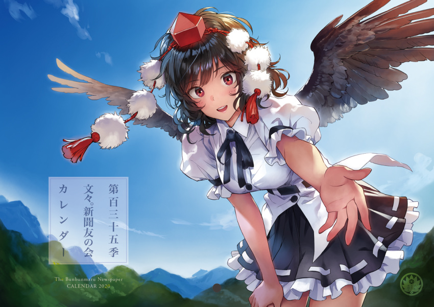 1girl 2020 :d bangs belt black_belt black_hair black_neckwear black_ribbon black_skirt black_wings blue_sky blush breasts clouds commentary_request cowboy_shot day eyebrows_visible_through_hair feathered_wings hat leaning_forward looking_at_viewer matsuda_(matsukichi) medium_breasts miniskirt mountain neck_ribbon open_mouth outdoors petticoat pleated_skirt pom_pom_(clothes) puffy_short_sleeves puffy_sleeves reaching_out red_eyes ribbon shameimaru_aya shirt short_hair short_sleeves skirt sky smile solo standing tassel tokin_hat touhou translation_request white_shirt wings