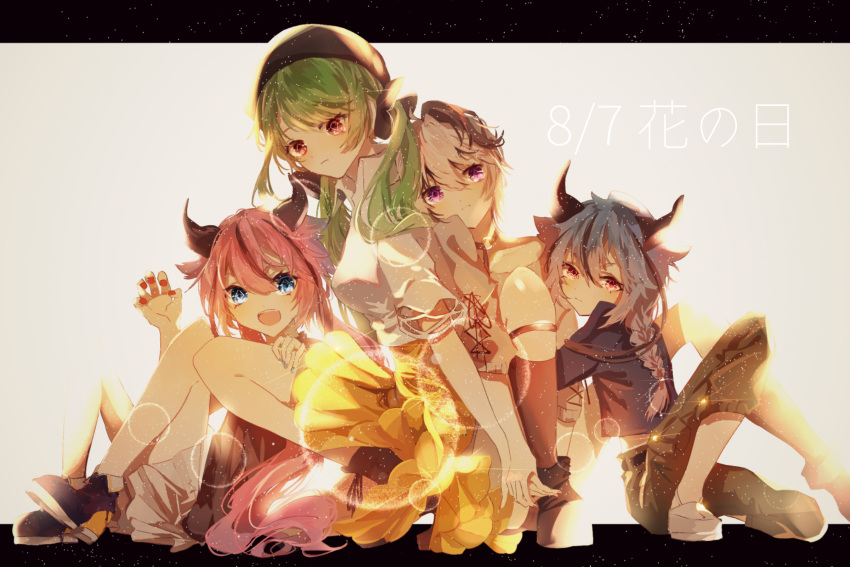 2girls 2others backlighting blue_eyes blue_hair claw_pose collar commentary_request diamond_(shape) everyone expressionless flower_(vocaloid) green_hair hat head_tilt highres holding_hands horns hug karanagare_4 knees_up lens_flare long_hair meika_hime meika_mikoto multicolored_hair multiple_girls multiple_others open_mouth partial_commentary pink_hair purple_hair red_eyes short_hair sitting skirt smile squatting streaked_hair symbol_in_eye translated v_flower_(vocaloid4) violet_eyes vocaloid white_hair white_skirt wide_shot xin_hua_(vocaloid4) yellow_skirt