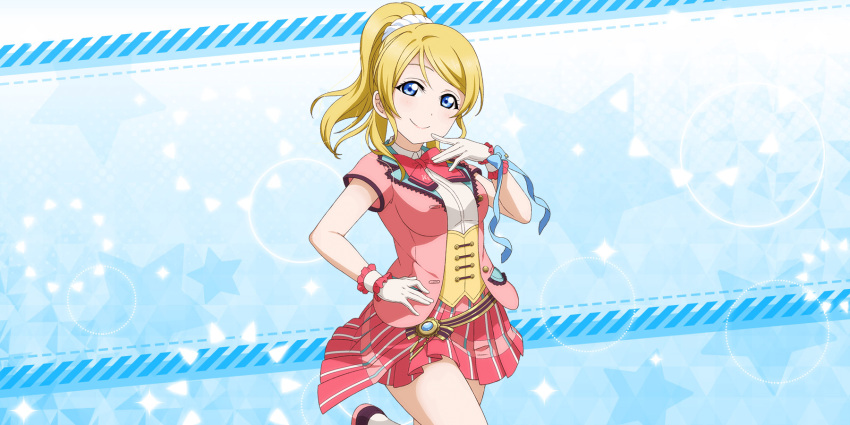 ayase_eli blonde_hair blue_eyes blush dress long_hair love_live!_school_idol_festival_all_stars ponytail smile