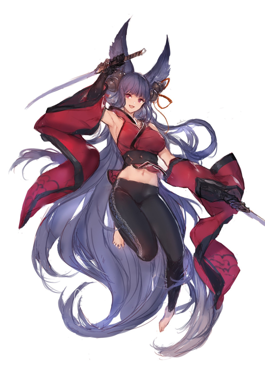 1girl :d absurdly_long_hair animal_ears armpits bare_shoulders barefoot bell black_gloves black_hair black_pants breasts detached_sleeves dual_wielding erune floating_hair full_body gloves granblue_fantasy highres holding holding_sword holding_weapon jingle_bell katana large_breasts leg_up long_hair looking_at_viewer midriff navel obi open_mouth pants red_eyes red_shirt sash shirt signature simple_background smile solo swd3e2 sword very_long_hair weapon white_background wide_sleeves yuel_(granblue_fantasy)