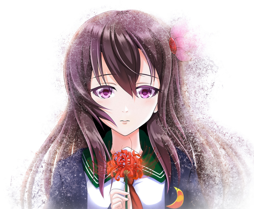 1girl blue_jacket breasts brown_eyes brown_hair crescent crescent_moon_pin disintegration eyebrows_visible_through_hair flower gradient gradient_background green_sailor_collar hair_between_eyes highres hood hoodie jacket kantai_collection kisaragi_(kantai_collection) light_smile lips long_hair long_sleeves looking_at_viewer open_clothes remodel_(kantai_collection) ribbon sailor_collar school_uniform shirt small_breasts solo spider_lily tk8d32 upper_body violet_eyes white_background white_shirt