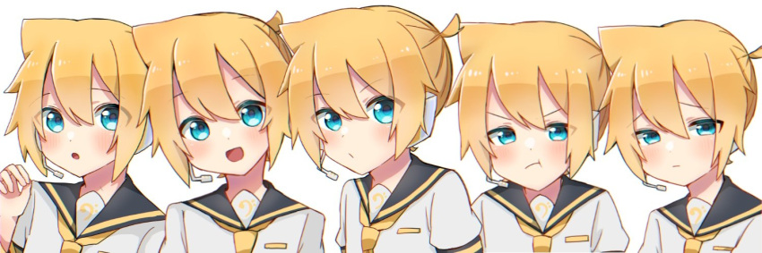 5boys akikan_sabago bass_clef black_collar blonde_hair blue_eyes blush collar commentary expressionless expressions furrowed_eyebrows headphones headset kagamine_len looking_at_viewer male_focus multiple_boys multiple_persona necktie open_mouth parted_lips pout sad sailor_collar school_uniform shirt short_hair short_ponytail short_sleeves smile spiky_hair upper_body v-shaped_eyebrows vocaloid white_shirt yellow_neckwear