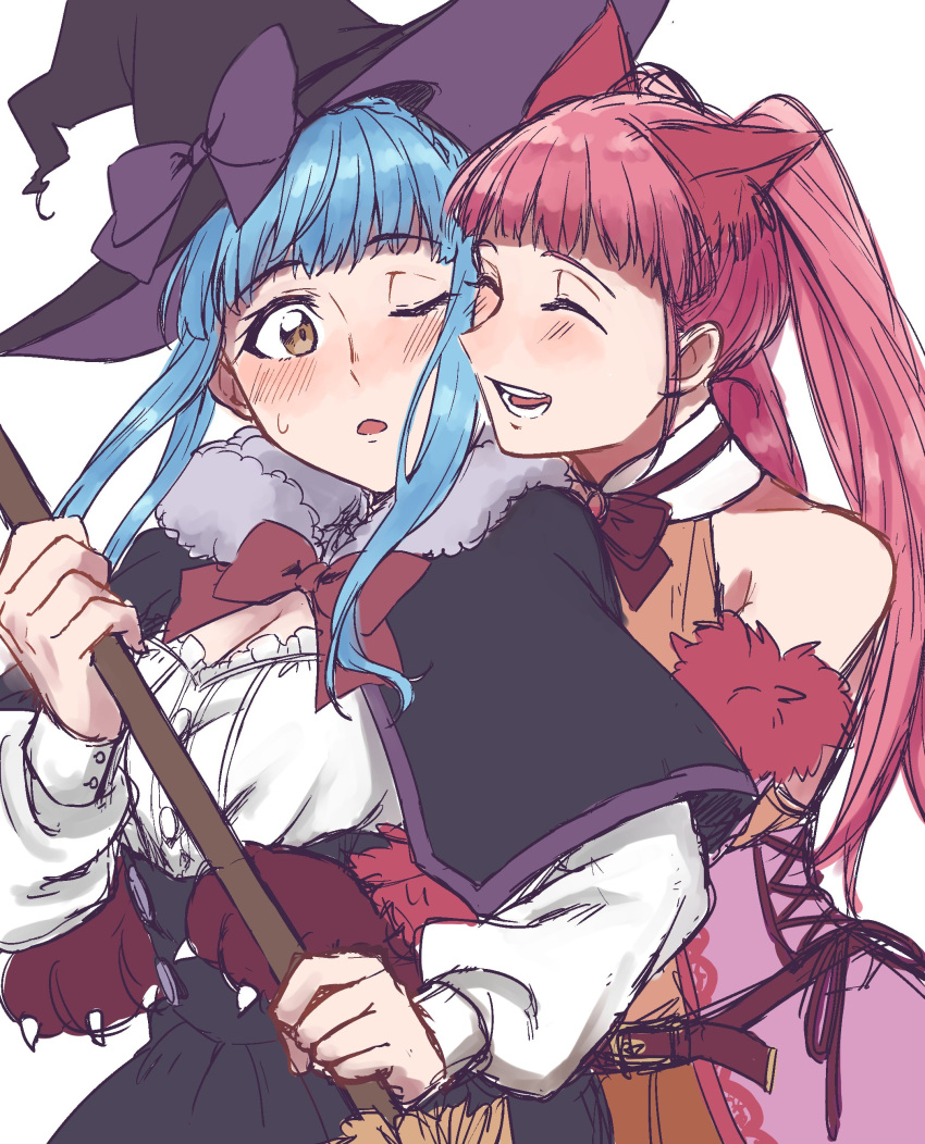 2girls absurdres animal_ears belt blue_hair bow braid brown_eyes capelet cat_ears closed_eyes crown_braid fire_emblem fire_emblem:_three_houses fur_trim halloween_costume hat highres hilda_valentine_goneril long_hair long_sleeves marianne_von_edmund multiple_girls one_eye_closed open_mouth pink_hair simple_background tokkomosa twintails upper_body white_background witch_hat