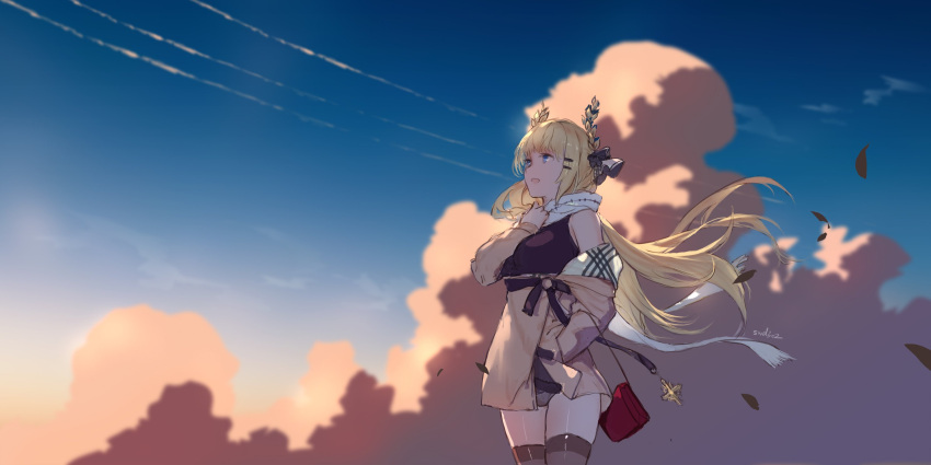 1girl :d azur_lane bag bare_shoulders black_shirt blonde_hair blue_eyes blue_sky blurry breasts brown_coat brown_legwear clouds coat condensation_trail cowboy_shot day floating_hair grey_panties hair_ornament hairclip hand_in_pocket hand_up handbag highres large_breasts laurel_crown leaf long_hair long_sleeves looking_away looking_up off_shoulder open_mouth outdoors panties scarf shirt signature sky sleeveless sleeveless_shirt smile solo standing swd3e2 thigh-highs thighs underwear very_long_hair victorious_(azur_lane) victorious_(goddess'_day_off)_(azur_lane) white_scarf wide_shot