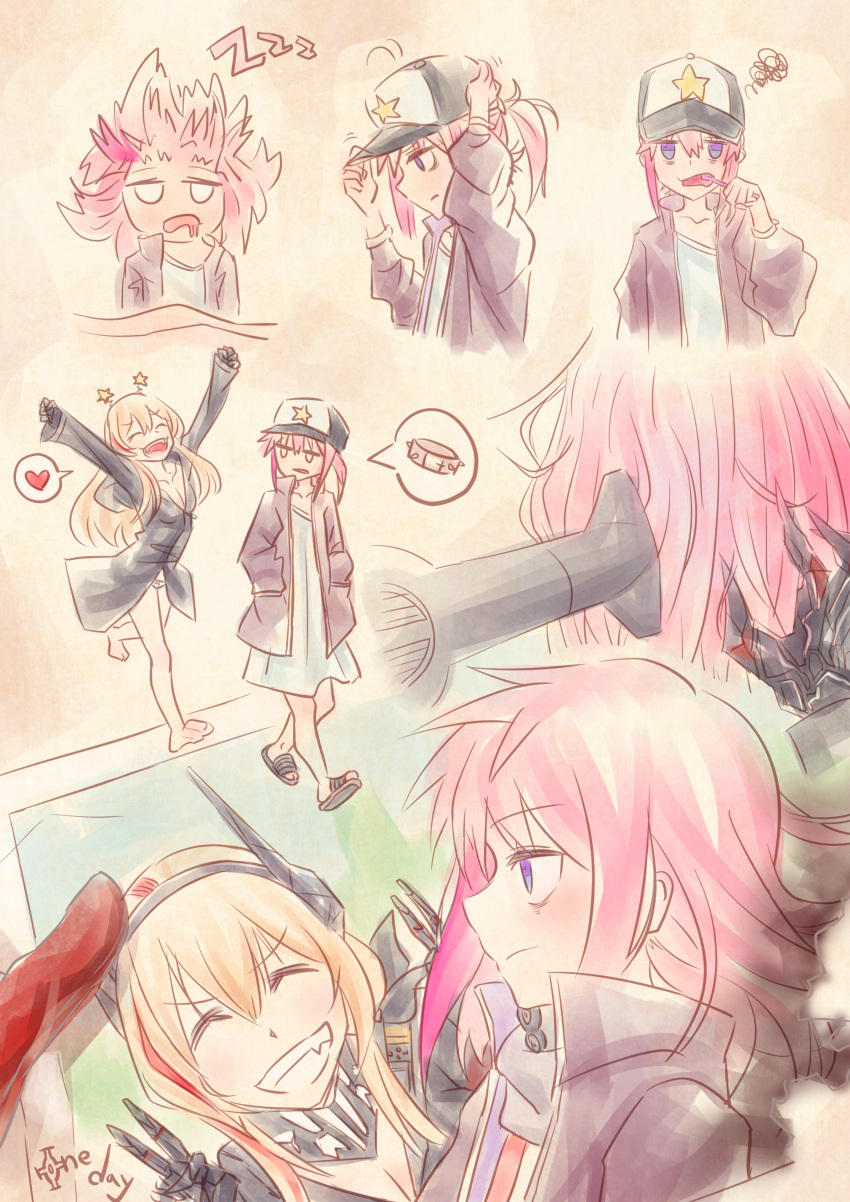 2girls absurdres arms_up baseball_cap blonde_hair blue_eyes brushing_teeth collar commentary double_v dress drying drying_hair fang girls_frontline hair_between_eyes hair_dryer hands_in_pockets hat headgear heart highres holding_toothbrush huge_filesize jacket line3reak long_sleeves looking_at_viewer m4_sopmod_ii_(girls_frontline) messy_hair multicolored_hair multiple_girls open_mouth panties pink_hair ponytail redhead ribbon_panties sandals smile speech_bubble spiked_collar spikes spoken_heart st_ar-15_(girls_frontline) star streaked_hair teeth toothbrush toothbrush_in_mouth underwear v white_panties zzz