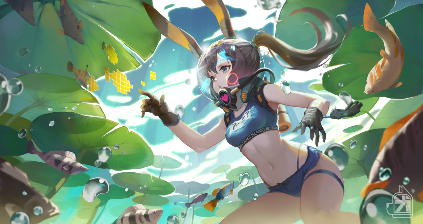 1girl :o absurdres air_bubble amiya_(arknights) animal_ears arknights artist_logo bare_shoulders bikini black_gloves blue_bikini breasts brown_hair bubble clothes_writing commentary_request day diving fish from_below gloves grey_eyes highres lanyaojun light_rays lily_pad long_hair navel open_mouth outdoors ponytail small_breasts solo sunbeam sunlight swimsuit thigh_strap underwater water