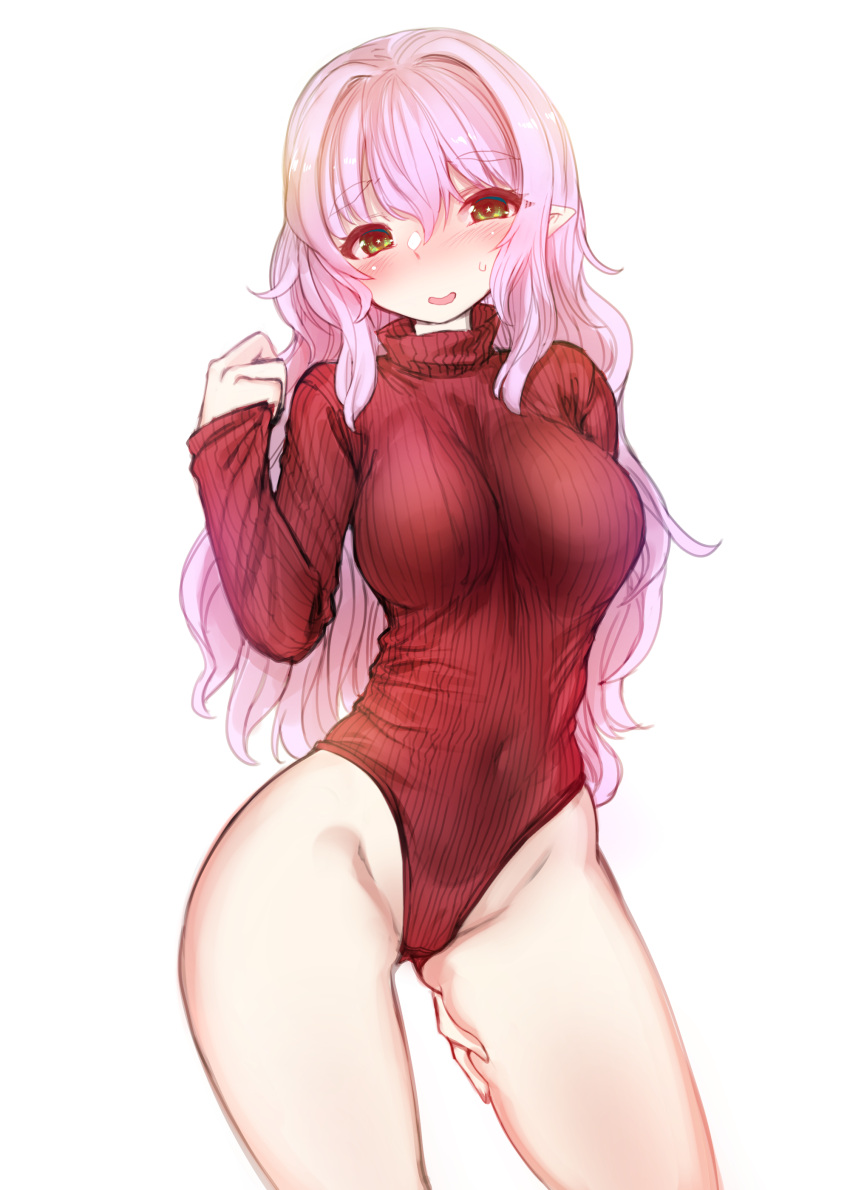 1girl :d absurdres ass_visible_through_thighs blush breasts covered_navel eyebrows_visible_through_hair green_eyes groin hair_between_eyes harigane_shinshi highres open_mouth original pink_hair pointy_ears ribbed_sweater simple_background sleeves_past_wrists smile solo star star-shaped_pupils sweatdrop sweater symbol-shaped_pupils thick_eyebrows turtleneck_leotard white_background