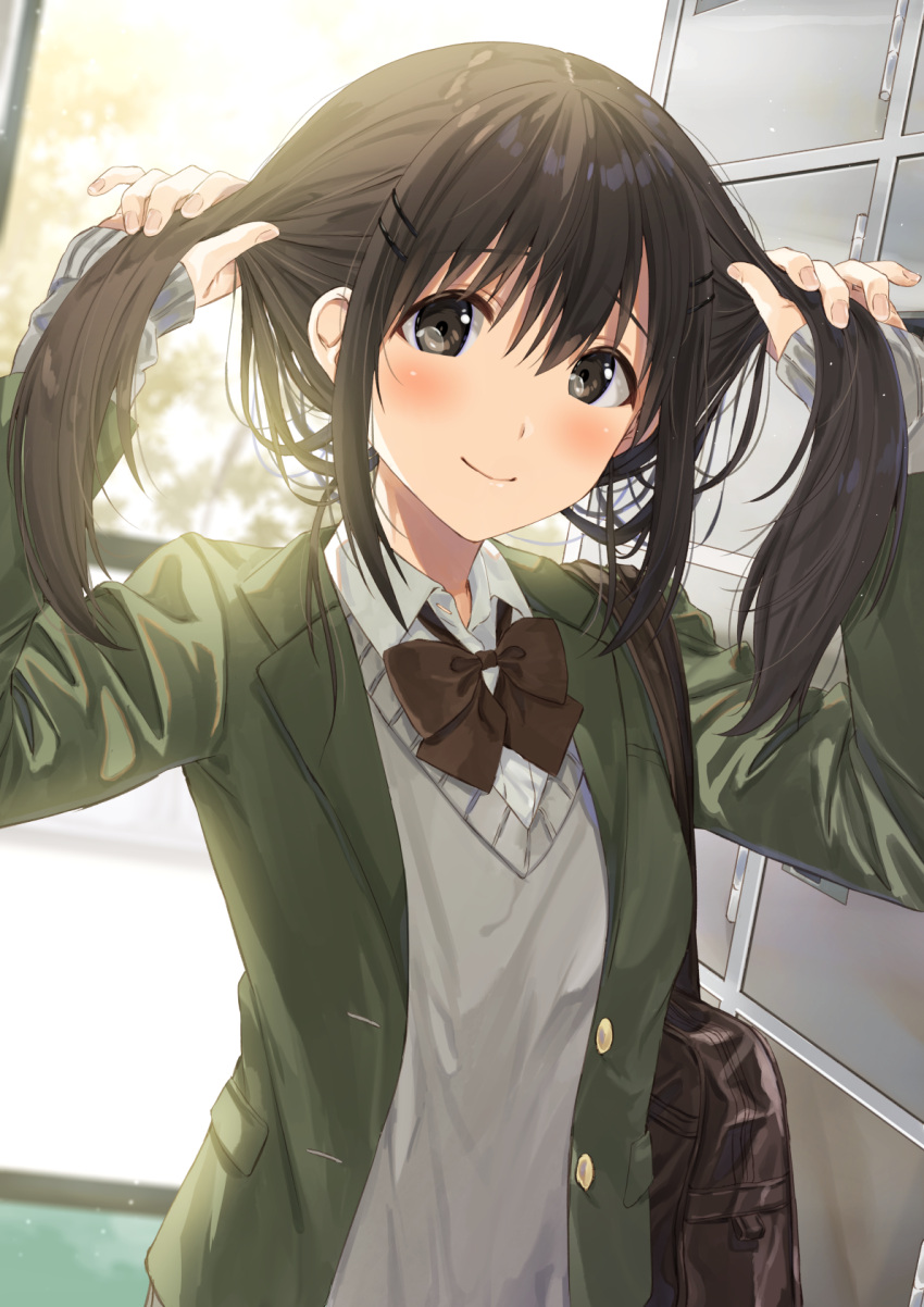 1girl adjusting_hair arms_up bag blush bow bowtie brown_bow brown_eyes brown_hair brown_neckwear cardigan closed_mouth duffel_bag eyebrows_visible_through_hair hair_ornament hairclip highres kukiha long_sleeves looking_at_viewer original short_hair smile solo twintails uniform