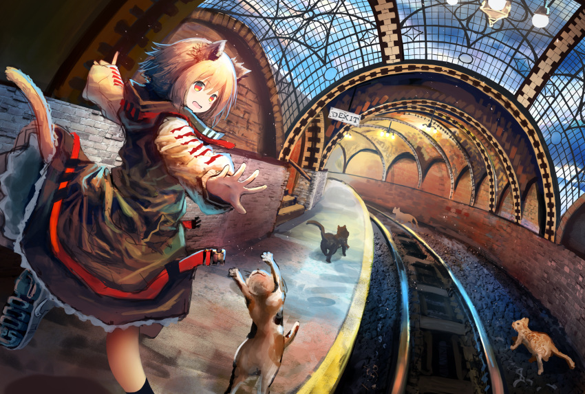 1girl absurdres animal_ears belt black_legwear black_skirt boots brown_hair cat cat_ears cat_tail ceiling_light clouds cloudy_sky commentary_request dutch_angle frilled_skirt frills from_behind highres huge_filesize lamp long_sleeves looking_back medium_hair original outstretched_arms railroad_tracks red_eyes rishia running sign skirt sky socks stairs subway_station tail train_station_platform tunnel underground wavy_mouth white_skirt window