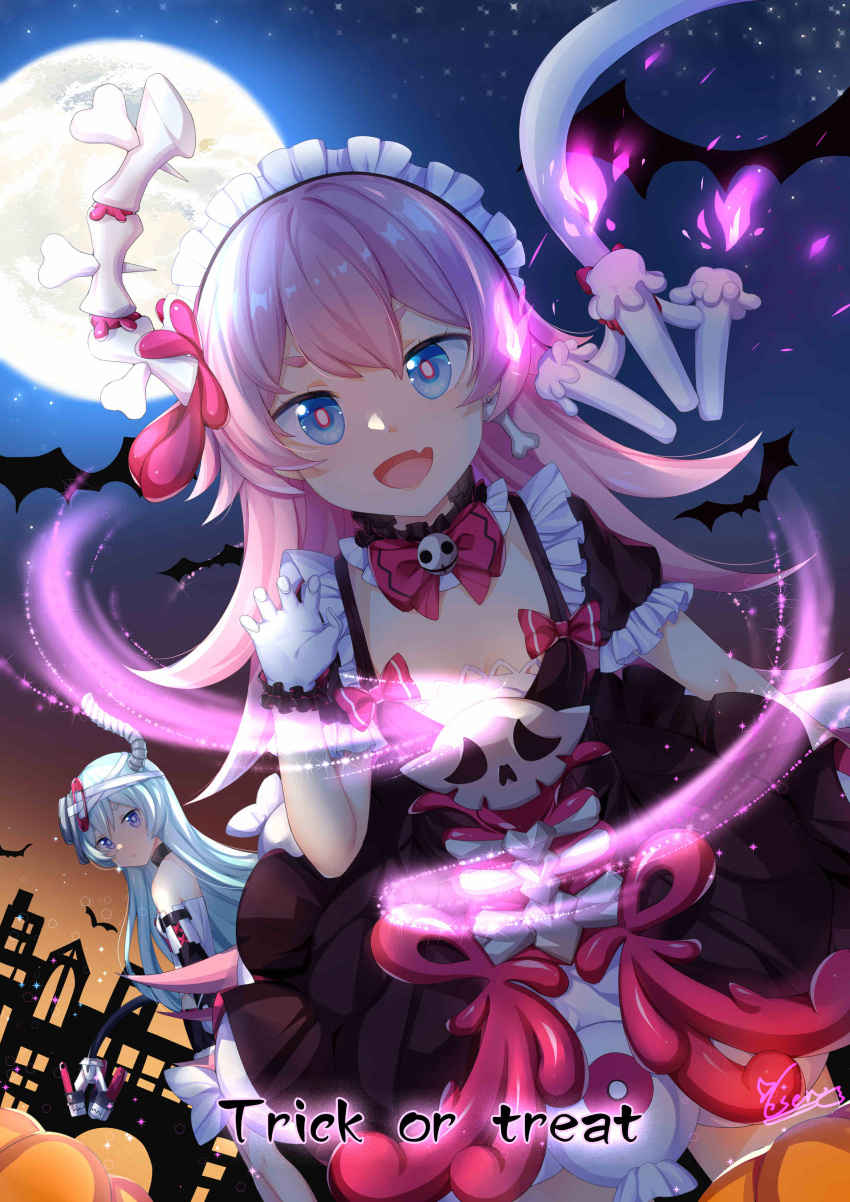 2girls :d absurdres animal bangs bare_shoulders bat black_dress blue_eyes blue_hair bow cen_(cenll) claw_pose commentary_request curled_horns dress dutch_angle eyebrows_behind_hair fang full_moon gloves hair_between_eyes hair_ornament hand_up highres honkai_(series) honkai_impact_3rd horn liliya_olyenyey long_hair looking_at_viewer looking_to_the_side maid_headdress moon multiple_girls open_mouth pink_hair puffy_short_sleeves puffy_sleeves pumpkin red_bow rozaliya_olyenyey short_sleeves signature skull smile spine tail thick_eyebrows trick_or_treat very_long_hair white_gloves
