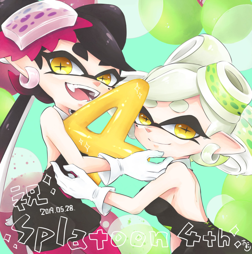 +_+ 2girls 4 anniversary aori_(splatoon) bare_shoulders black_hair black_jumpsuit cousins detached_collar domino_mask dress earrings fangs food food_on_head gloves highres hotaru_(splatoon) jewelry jumpsuit long_hair looking_at_viewer mask mole mole_under_eye multiple_girls number object_on_head okome_2g2g open_mouth pantyhose pointy_ears purple_legwear short_hair short_jumpsuit smile splatoon_(series) splatoon_1 sushi tentacle_hair white_gloves
