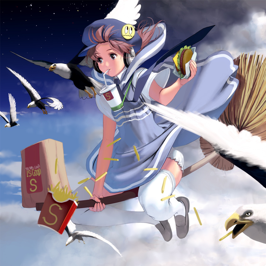1girl badge bangs bird blue_dress broom broom_riding brown_eyes brown_hair cup disposable_cup dress drinking drinking_straw fast_food food french_fries hamburger hat headphones highres holding holding_food masao necktie night night_sky original outdoors short_hair short_sleeves sky solo thigh-highs white_legwear witch