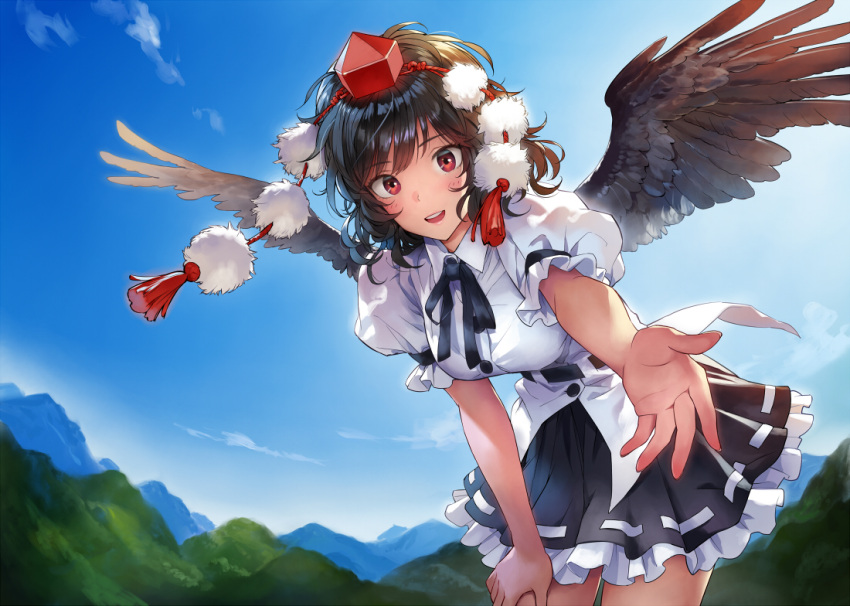 1girl :d bangs belt black_belt black_hair black_neckwear black_ribbon black_skirt black_wings blue_sky blush breasts clouds commentary_request cowboy_shot day eyebrows_visible_through_hair feathered_wings hat leaning_forward looking_at_viewer matsuda_(matsukichi) medium_breasts miniskirt mountain neck_ribbon open_mouth outdoors petticoat pleated_skirt pom_pom_(clothes) puffy_short_sleeves puffy_sleeves reaching_out red_eyes ribbon shameimaru_aya shirt short_hair short_sleeves skirt sky smile solo standing tassel tokin_hat touhou white_shirt wings