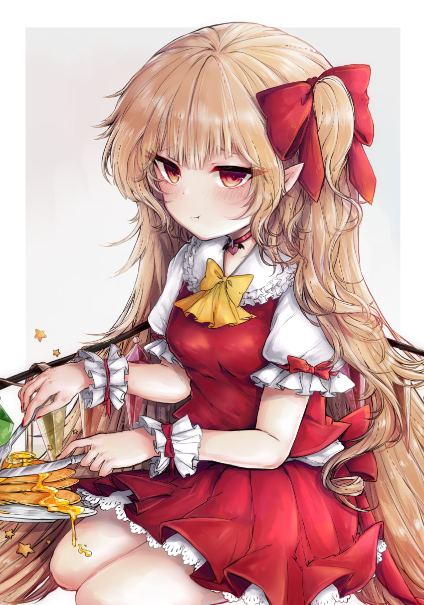 1girl :t absurdly_long_hair alternate_hair_length alternate_hairstyle blonde_hair blush commentary_request cravat eating flandre_scarlet food fork frilled_shirt_collar frilled_sleeves frills gradient gradient_background grey_background hair_ribbon highres holding holding_fork holding_knife honey knife long_hair looking_at_viewer no_hat no_headwear pancake petticoat plate pointy_ears puffy_short_sleeves puffy_sleeves red_eyes red_ribbon red_skirt red_vest ribbon seiza shirt short_sleeves side_ponytail simple_background sitting skirt solo touhou very_long_hair vest white_shirt wings wrist_cuffs yellow_neckwear yuma_(yuuma_pants)