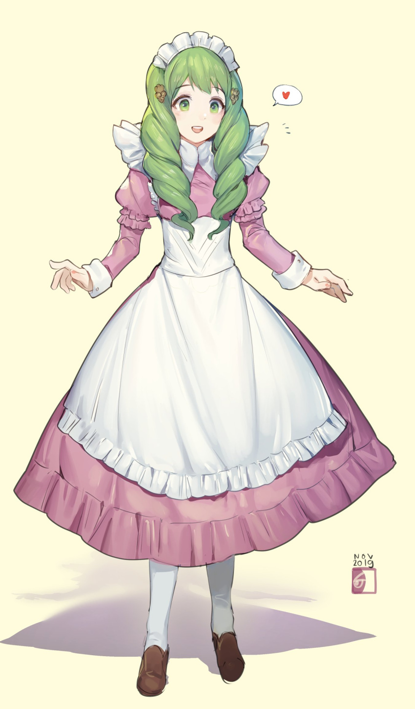 1girl alternate_costume apron artist_logo breasts brown_footwear corset dated dress drill_hair enmaided fire_emblem fire_emblem:_three_houses flayn_(fire_emblem) full_body green_eyes green_hair hair_ornament heart highres long_sleeves looking_down maid maid_apron maid_headdress medium_hair open_mouth puffy_long_sleeves puffy_sleeves shadow shoes simple_background small_breasts solo spoken_heart standing velahka white_background white_legwear wrist_cuffs