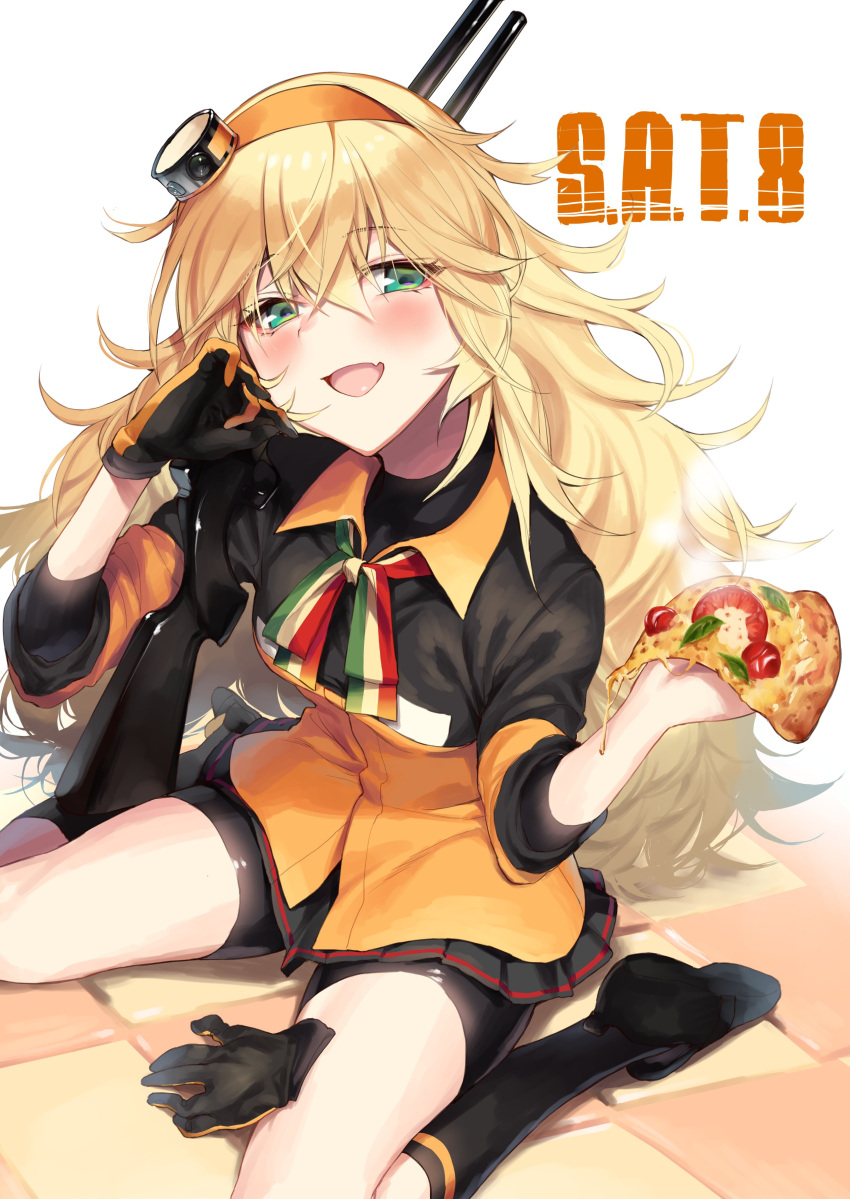 1girl absurdres bangs black_footwear black_gloves black_legwear blonde_hair blush character_name collar commentary_request eyebrows_visible_through_hair eyes_visible_through_hair fang food girls_frontline gloves gloves_removed green_eyes gun hair_between_eyes hair_ornament hairband highres holding holding_food holding_pizza italian_flag italy jacket kneehighs kyo long_hair looking_at_viewer messy_hair open_mouth orange_headband pizza s.a.t.8_(girls_frontline) shorts shotgun simple_background single_glove sitting skirt smile solo very_long_hair weapon white_background
