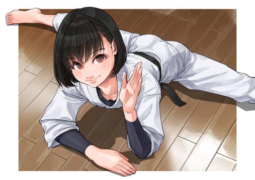 1girl barefoot black_hair brown_eyes dougi flexible karate karate_gi nose on_floor original otsu_natsu short_hair solo stretch