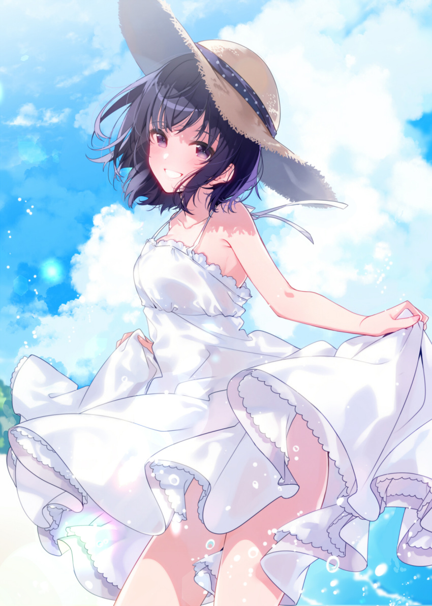 1girl :d bangs bare_arms bare_shoulders black_hair breasts clouds cloudy_sky collarbone commentary cowboy_shot day dress floating_hair from_side grin hat highres looking_at_viewer looking_to_the_side medium_breasts medium_hair open_mouth original outdoors skirt_hold sky sleeveless sleeveless_dress smile solo strap_gap straw_hat sun_hat sundress tareme teeth thighs u35 violet_eyes water_drop wind
