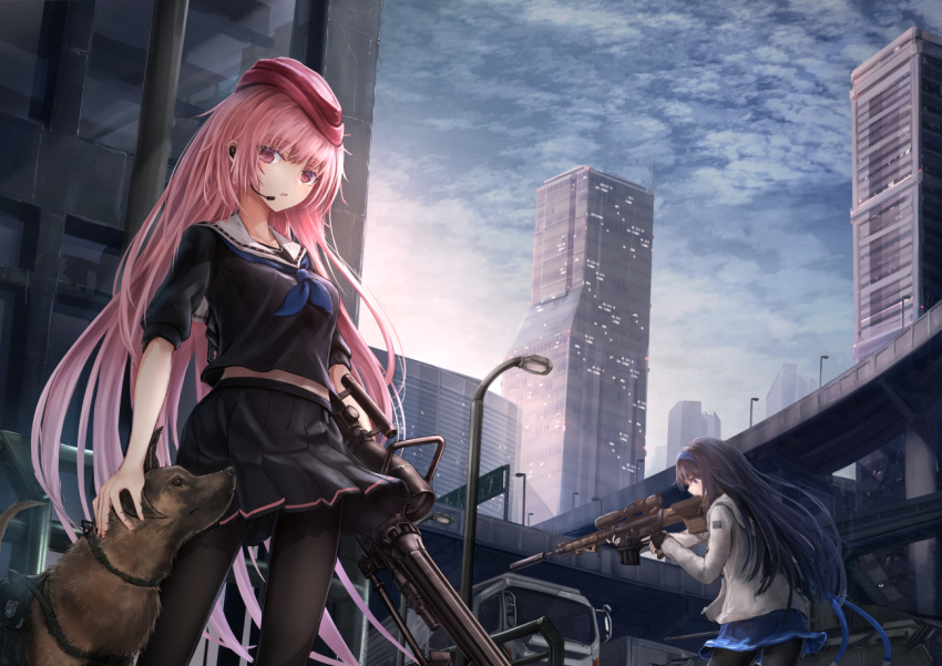 2girls aiming animal belly_peek black_gloves black_hair black_legwear black_serafuku black_shirt black_skirt blue_hairband blue_neckwear blue_skirt blue_sky breasts bridge building city clouds day dog fingerless_gloves garrison_cap girls_frontline gloves grey_hoodie ground_vehicle gun hairband hat headset holding holding_gun holding_weapon hood hood_down long_hair long_sleeves medium_breasts miniskirt motor_vehicle multiple_girls navel neckerchief ntw-20_(girls_frontline) outdoors pantyhose petting pink_hair pleated_skirt purple_headwear rifle sailor_collar school_uniform serafuku shirt short_sleeves shumeia skirt sky skyscraper sniper_rifle standing super_sass_(girls_frontline) truck very_long_hair violet_eyes weapon white_sailor_collar