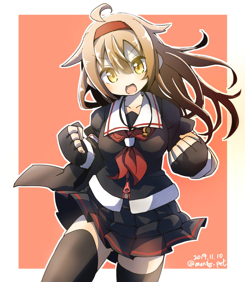 1girl ahoge aoba_(akibajun) asymmetrical_clothes black_legwear black_serafuku black_skirt border brown_eyes brown_hair commentary_request cowboy_shot dated hair_flaps hairband highres kantai_collection long_hair looking_at_viewer neckerchief open_mouth orange_background pleated_skirt red_hairband remodel_(kantai_collection) school_uniform serafuku shiratsuyu_(kantai_collection) skirt solo thigh-highs twitter_username two-tone_background whistle whistle_around_neck white_border