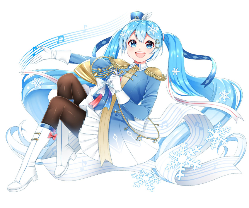 1girl band_uniform beamed_eighth_notes blue_eyes blue_hair blue_jacket boots bow bowtie commentary eighth_note epaulettes french_horn full_body gloves gradient_hair hair_ornament hairclip hat hat_feather hatsune_miku highres holding holding_instrument instrument jacket knees_up long_hair looking_at_viewer masumofu multicolored_hair musical_note open_mouth outstretched_arm pantyhose pleated_skirt sheet_music skirt smile snowflakes solo staff_(music) tassel twintails very_long_hair vocaloid white_footwear white_gloves white_headwear white_skirt yuki_miku yuki_miku_(2020)