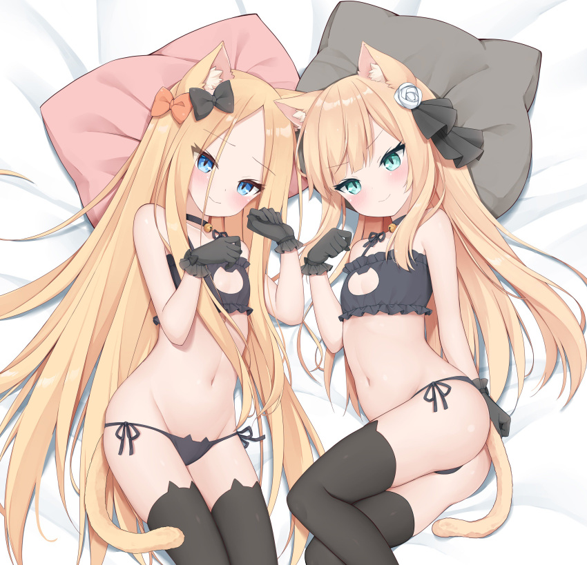 2girls abigail_williams_(fate/grand_order) absurdres animal_ears aqua_eyes ass bangs bare_shoulders bell bell_choker black_bow black_bra black_gloves black_legwear black_panties blonde_hair blue_eyes blush bow bra breasts cat_cutout cat_ear_panties cat_ears cat_lingerie cat_tail choker cleavage_cutout closed_mouth collarbone fate/grand_order fate_(series) forehead frilled_bra frills gloves hair_bow highres jingle_bell kamu_(geeenius) long_hair looking_at_viewer lord_el-melloi_ii_case_files lying meme_attire multiple_girls navel on_side orange_bow panties parted_bangs paw_pose pillow reines_el-melloi_archisorte small_breasts smile tail thigh-highs thighs underwear