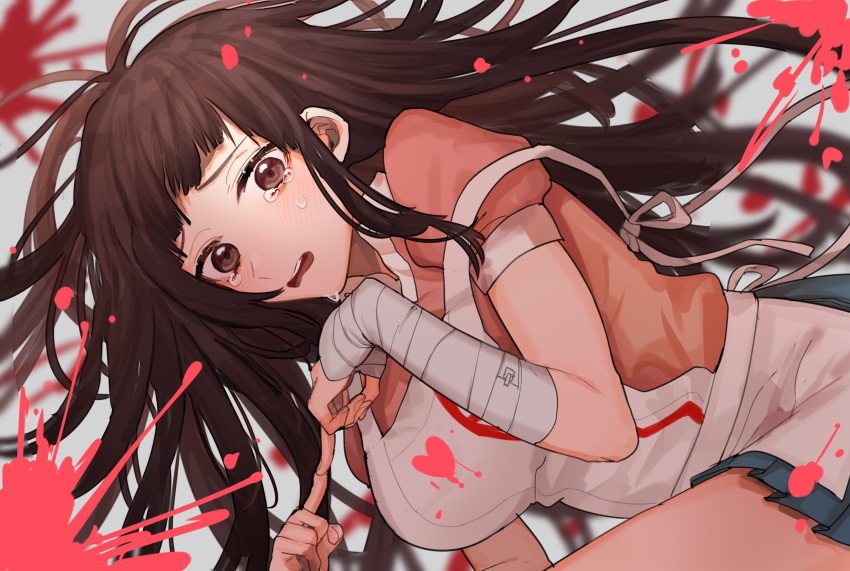 1girl apron bandages black_hair blush breasts commentary_request dangan_ronpa highres large_breasts long_hair looking_at_viewer mole mole_under_eye nurse open_mouth puffy_short_sleeves puffy_sleeves purple_hair shindyushiyou short_sleeves skirt solo super_dangan_ronpa_2 tears tsumiki_mikan violet_eyes