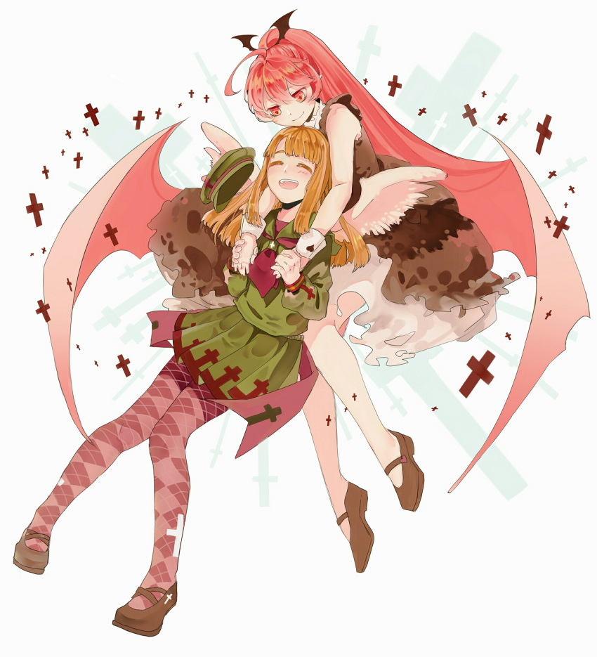 2girls :d ^_^ ahoge argyle argyle_legwear blush brown_footwear brown_hair closed_eyes closed_mouth commentary_request cross dress green_hair green_shirt green_skirt haiiro_teien hair_wings hat hat_removed headwear_removed highres holding_hands knees_together_feet_apart long_hair long_sleeves looking_at_another macarona mary_janes multiple_girls open_mouth pantyhose pink_eyes pink_hair pleated_skirt ponytail rawberry school_uniform serafuku shirt shoes skirt sleeveless sleeveless_dress smile srivar very_long_hair white_background wings wrist_cuffs