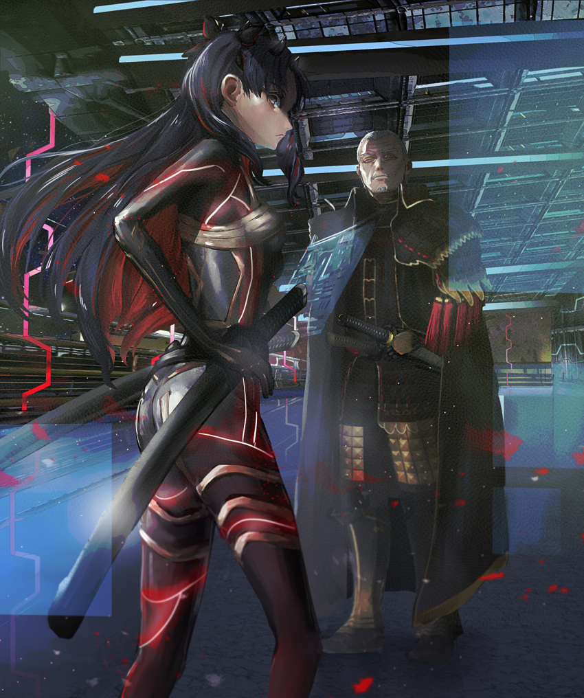 1boy 1girl armor beard black_bodysuit black_cape black_hair black_ribbon bodysuit breasts cape closed_eyes facial_hair fate/grand_order fate_(series) grey_hair hair_ribbon highres holographic_interface holographic_monitor katana multicolored_hair old_man pixiv14048951 red_eyes redhead ribbon scabbard sheath sheathed small_breasts space_ishtar_(fate) standing sword two-tone_hair two_side_up weapon yagyuu_munenori_(fate/grand_order)