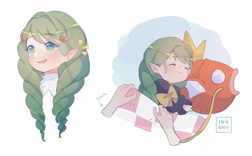 1boy 1girl artist_name bow closed_eyes closed_mouth fire_emblem fire_emblem:_three_houses flayn_(fire_emblem) gen_1_pokemon green_eyes green_hair hair_ornament highres inkanii long_hair long_sleeves magikarp open_mouth pointy_ears pokemon seteth_(fire_emblem) smile yellow_bow