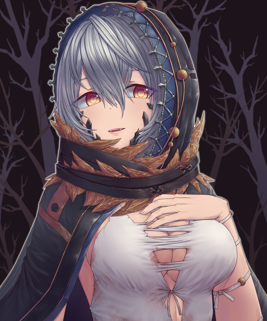 1girl alternate_hair_color bare_tree black_background breasts cloak code_vein commentary dress eyebrows_visible_through_hair fangs grey_hair hair_between_eyes hand_on_own_chest highres hood hooded_cloak io_(code_vein) lips medium_breasts short_hair solo torn_clothes torn_dress tree vampire yautau yellow_eyes