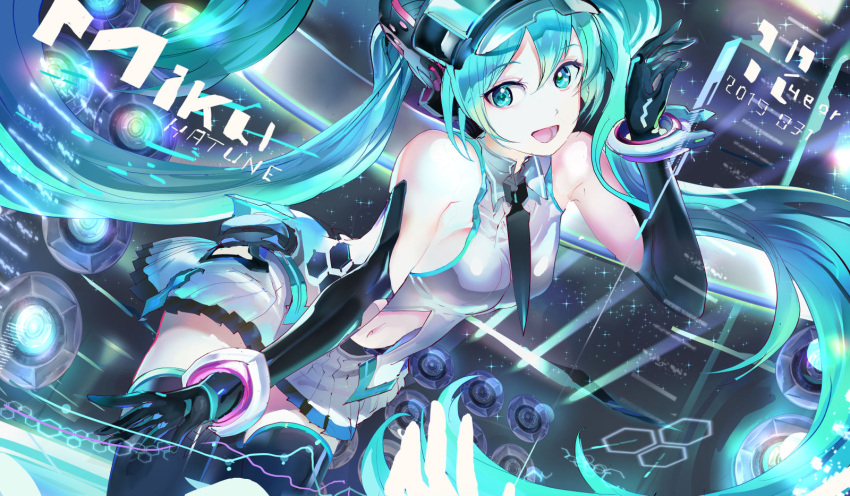 119 1girl :d absurdly_long_hair black_gloves black_legwear black_neckwear blue_eyes blue_hair breasts collared_shirt elbow_gloves floating_hair gloves grey_shirt grey_skirt hatsune_miku highres long_hair looking_at_viewer medium_breasts midriff miniskirt navel open_mouth pleated_skirt shiny shiny_hair shirt sideboob skirt sleeveless sleeveless_shirt smile solo stomach thigh-highs very_long_hair vocaloid wing_collar zettai_ryouiki