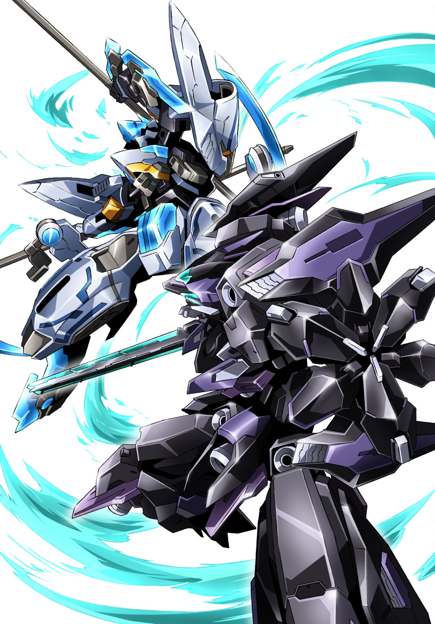 absurdres commentary_request fighting frame_arms green_eyes highres holding holding_weapon hresvelgr_ater_(frame_arms) kumichou_(ef65-1118-ef81-95) mecha no_humans polearm robot shield sword visor weapon white_background