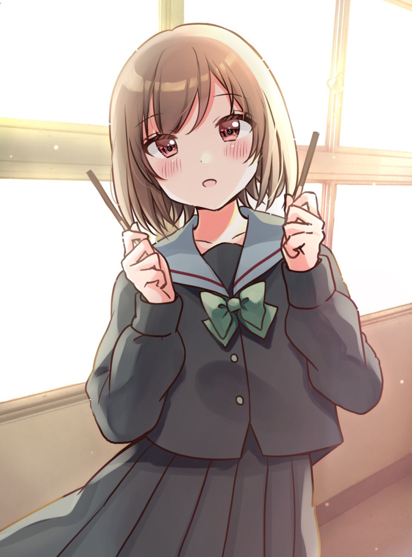 1girl :d backlighting bangs black_serafuku black_shirt black_skirt blush bow bowtie brown_hair collarbone commentary_request eyebrows_visible_through_hair food green_neckwear hands_up highres holding holding_food indoors long_sleeves minami_saki open_mouth original pleated_skirt pocky red_eyes school_uniform serafuku shirt skirt smile solo sunlight window