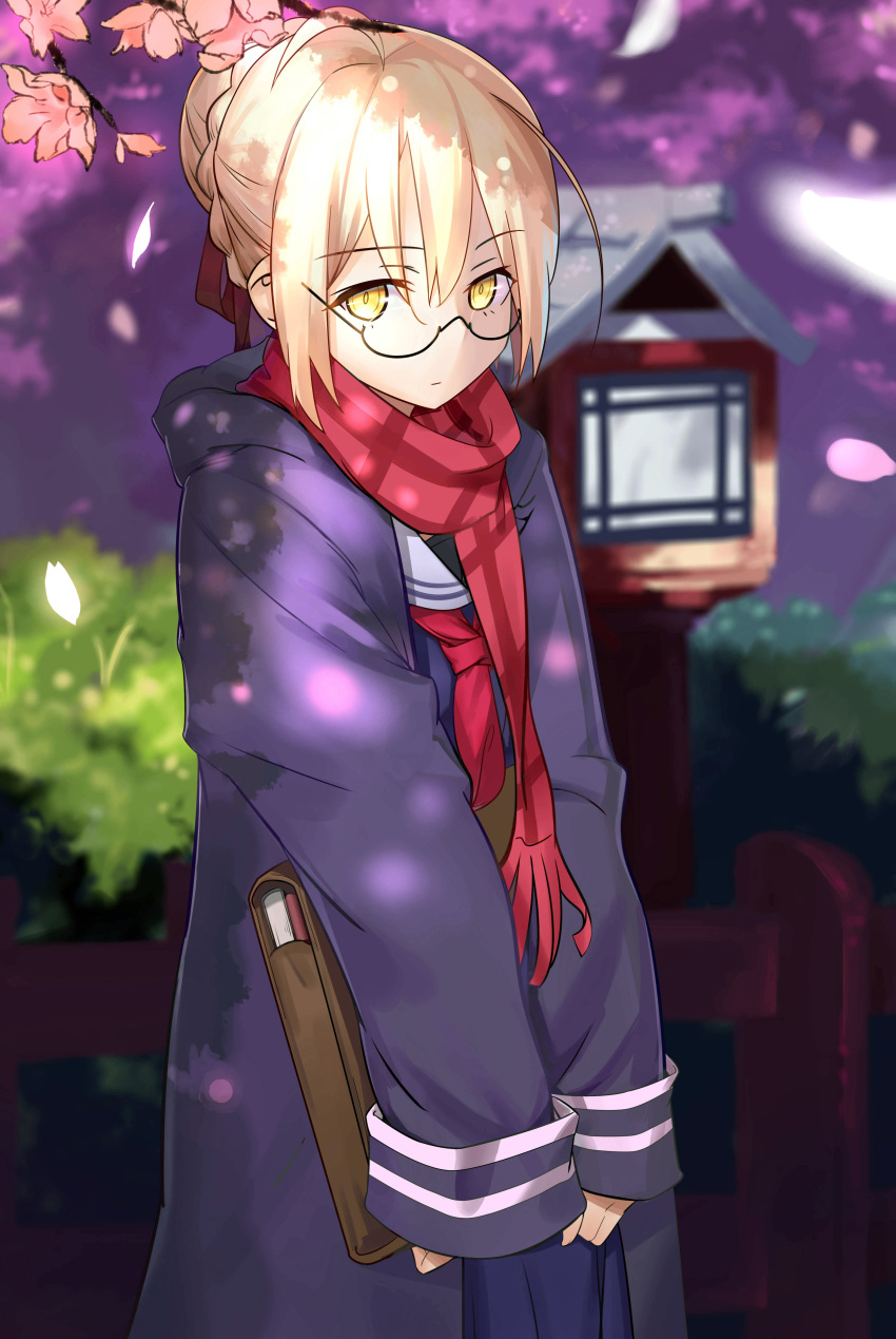 1girl absurdres ahoge artoria_pendragon_(all) bag black_jacket black_shirt blonde_hair cherry_blossoms chinese_commentary commentary_request eyebrows_visible_through_hair fate/grand_order fate_(series) fence glasses hair_bun hair_ribbon highres holding holding_bag jacket lantern long_sleeves looking_at_viewer looking_over_eyewear mysterious_heroine_x_(alter) outdoors petals plaid plaid_scarf red_neckwear red_scarf ribbon sailor_collar scarf school_uniform semi-rimless_eyewear shirt solo tree under-rim_eyewear upper_body virtu.al wooden_lantern yellow_eyes