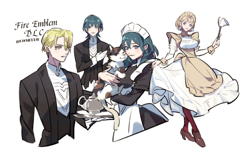 2boys 2girls alternate_costume apron blonde_hair blue_eyes blue_hair blush breasts butler byleth_(fire_emblem) byleth_eisner_(female) byleth_eisner_(male) cat closed_mouth comfeer dimitri_alexandre_blaiddyd fire_emblem fire_emblem:_three_houses formal gloves hair_ornament long_hair long_sleeves maid maid_apron maid_dress maid_headdress medium_hair mercedes_von_martritz multiple_boys multiple_girls short_hair simple_background smile suit uniform white_background