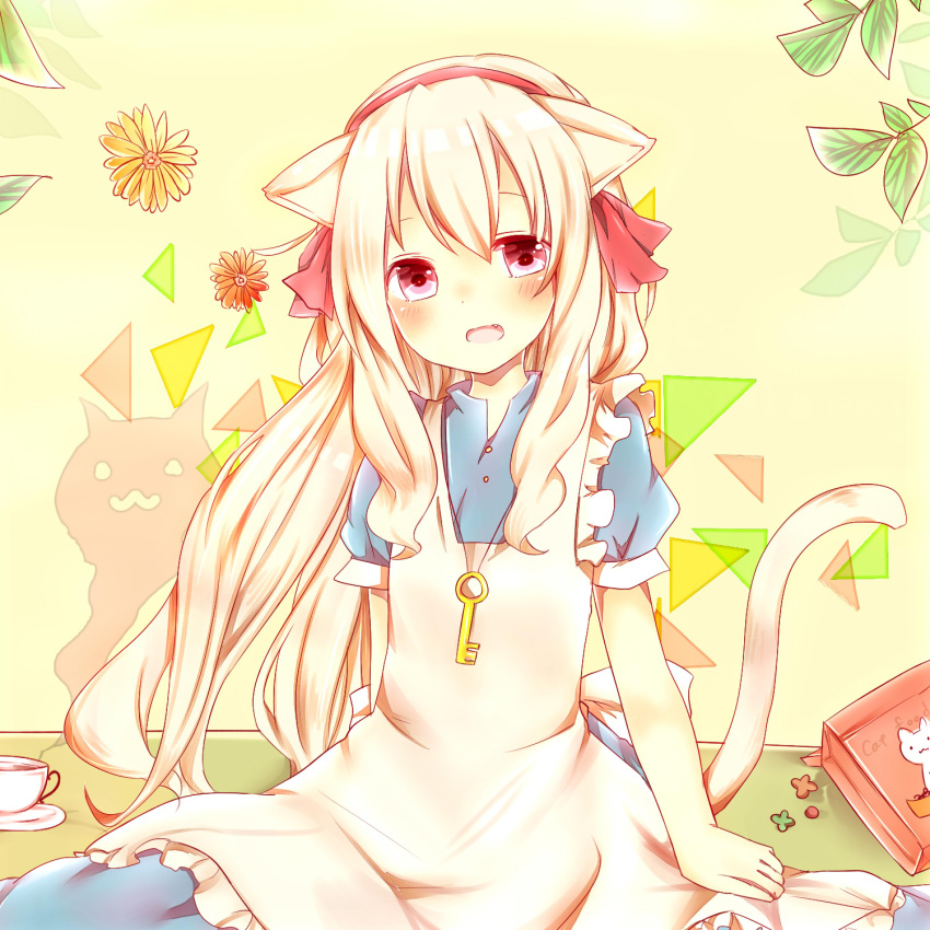1girl animal_ears apron blue_dress blush cat_ears cat_food cat_tail cup dress fang flower frilled_apron frills hair_ribbon highres kagerou_project key kozakura_marry leaf long_hair misa_(kaeruhitode) red_eyes ribbon short_sleeves solo tail teacup triangle
