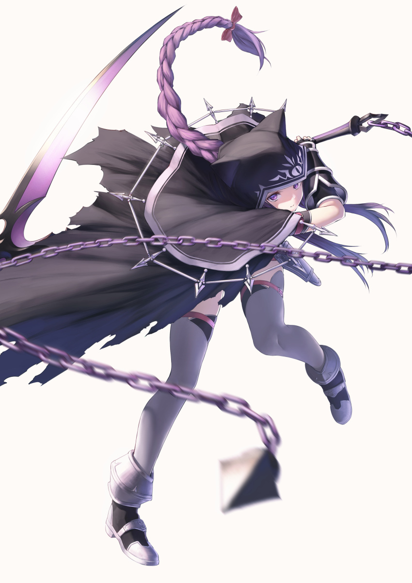 1girl absurdres braid collar commentary_request fate/grand_order fate_(series) gloves highres holding holding_scythe hood itaco1987 long_braid long_hair looking_at_viewer medusa_(lancer)_(fate) pink_legwear purple_hair scythe simple_background solo thigh-highs very_long_hair violet_eyes white_background