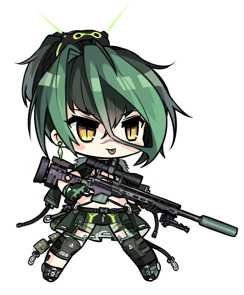 1girl bangs black_shorts blush_stickers brown_eyes chibi danielle_brindle eyebrows_visible_through_hair facial_scar full_body girls_frontline gloves green_footwear green_gloves green_hair gun hair_between_eyes hair_ornament highres holding holding_gun holding_weapon knee_pads multicolored_hair navel nose_scar original ponytail rifle scar shoes short_shorts short_sleeves shorts simple_background slit_pupils sniper_rifle sniper_scope solo standing suppressor trigger_discipline two-tone_hair weapon white_background xm2010