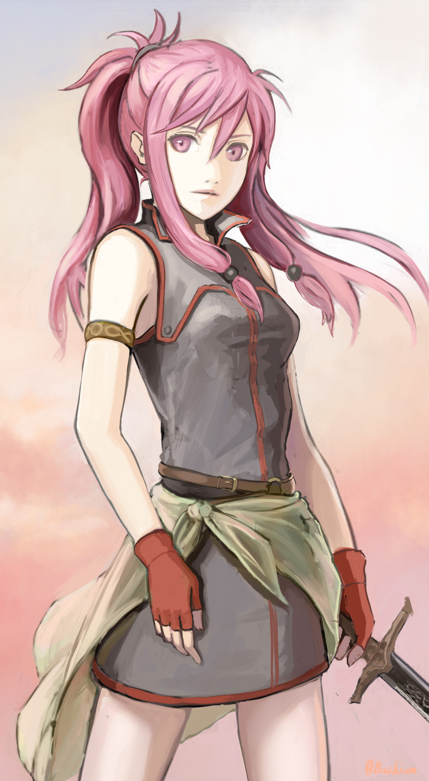 1girl absurdres bangs breasts collared_dress cowboy_shot dress fingerless_gloves fire_emblem fire_emblem:_the_sacred_stones floating_hair gloves grey_dress hair_between_eyes hair_ornament highres holding holding_sword holding_weapon long_hair looking_at_viewer marisa_(fire_emblem) medium_breasts parted_lips pink_eyes pink_hair ponytail red_gloves samohichi short_dress solo standing sword weapon