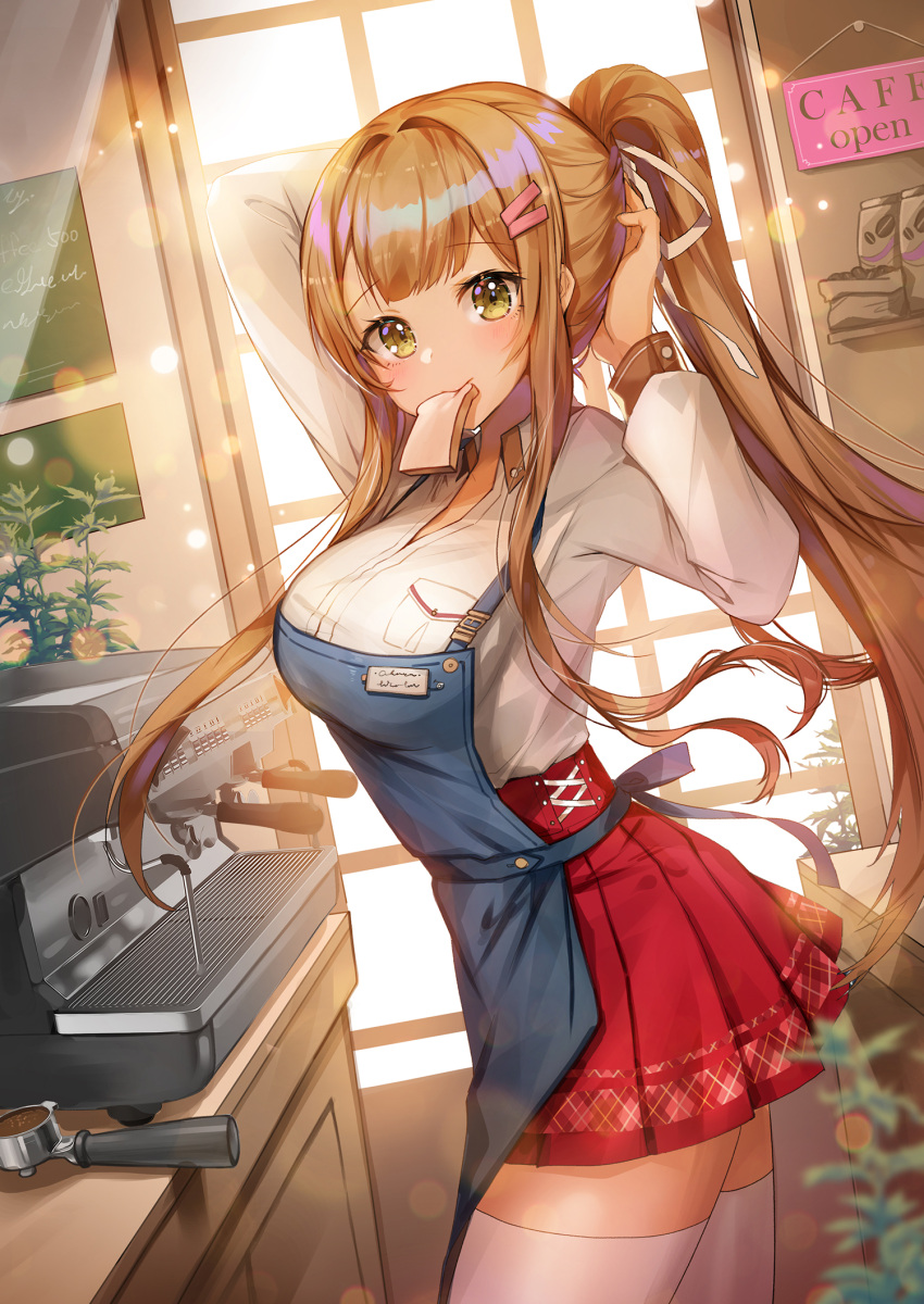 1girl apple_caramel apron arm_up backlighting bangs blue_apron blush breasts brown_eyes brown_hair closed_mouth collared_shirt commentary_request dress_shirt eyebrows_visible_through_hair food food_in_mouth hair_ornament hair_ribbon hairclip highres indoors long_hair long_sleeves medium_breasts mouth_hold original pleated_skirt ponytail red_skirt ribbon shirt sidelocks sign skirt solo thigh-highs toast toast_in_mouth tying_hair very_long_hair white_legwear white_ribbon white_shirt