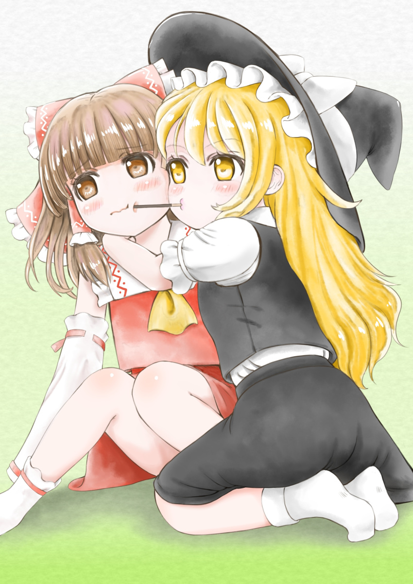 2girls arm_around_neck bangs black_skirt black_vest blonde_hair blunt_bangs blush bobby_socks bosutonii bow brown_eyes brown_hair cheek-to-cheek cheek_poking cravat detached_sleeves expressionless eyebrows_visible_through_hair food gradient gradient_background green_background hair_bow hakurei_reimu hat hat_ribbon highres hug kirisame_marisa knees_together_feet_apart long_hair looking_at_another looking_to_the_side mouth_hold multiple_girls o3o pocky pocky_day pocky_kiss poking puffy_short_sleeves puffy_sleeves red_skirt red_vest ribbon ribbon-trimmed_sleeves ribbon_trim seiza shirt short_sleeves sitting skirt socks touhou very_long_hair vest wavy_mouth white_legwear white_shirt witch_hat yellow_eyes yellow_neckwear