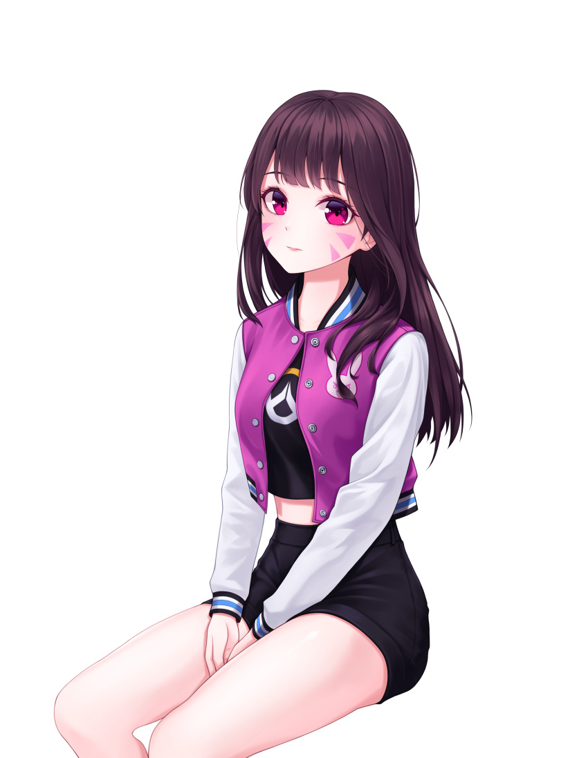 1girl absurdres between_legs black_shorts brown_hair d.va_(overwatch) esj4f facial_mark hand_between_legs highres invisible_chair long_hair long_sleeves midriff overwatch red_eyes shirt short_shorts shorts simple_background sitting solo stomach straight_hair white_background white_shirt white_sleeves